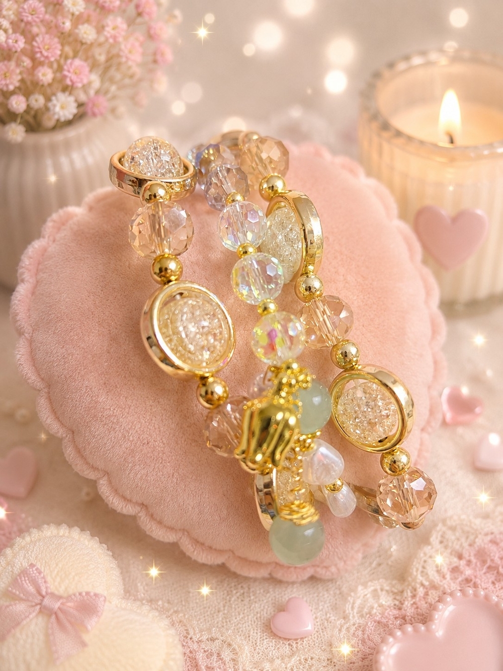 3 Glass Bead Crystal Beaded Women's Bracelet - Elegant Pink-Gold Sparkle